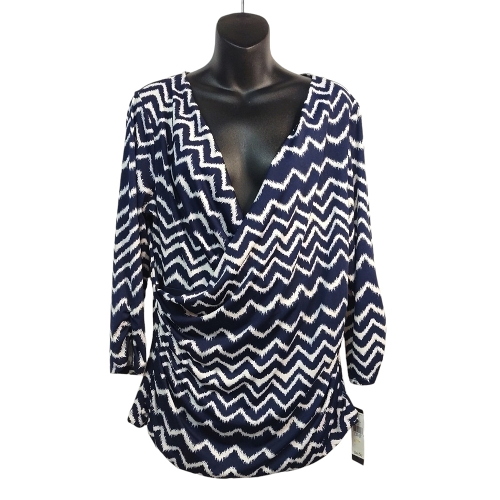 AGB Women's Blue/White Wrapped 3/4 Sleeves Stretch Top Blouse Size L NWT